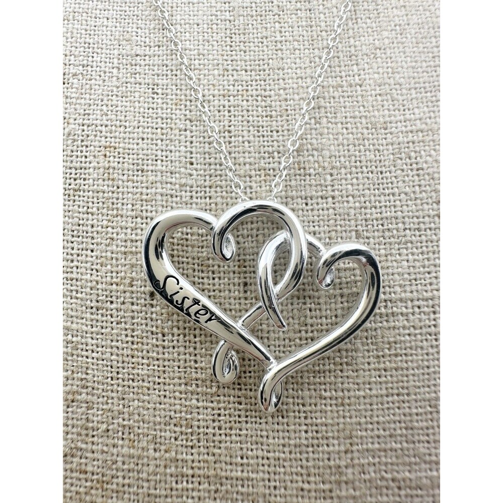 925 Sterling Silver Double Heart Sister Pendant Necklace 18”